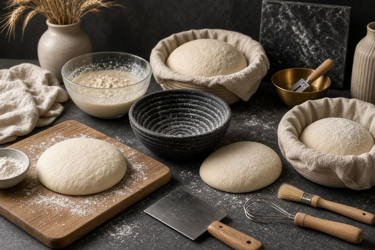 Bread dough portions rest in floured baskets and on a wooden board beside mixing bowls and baking tools on a dark countertop.