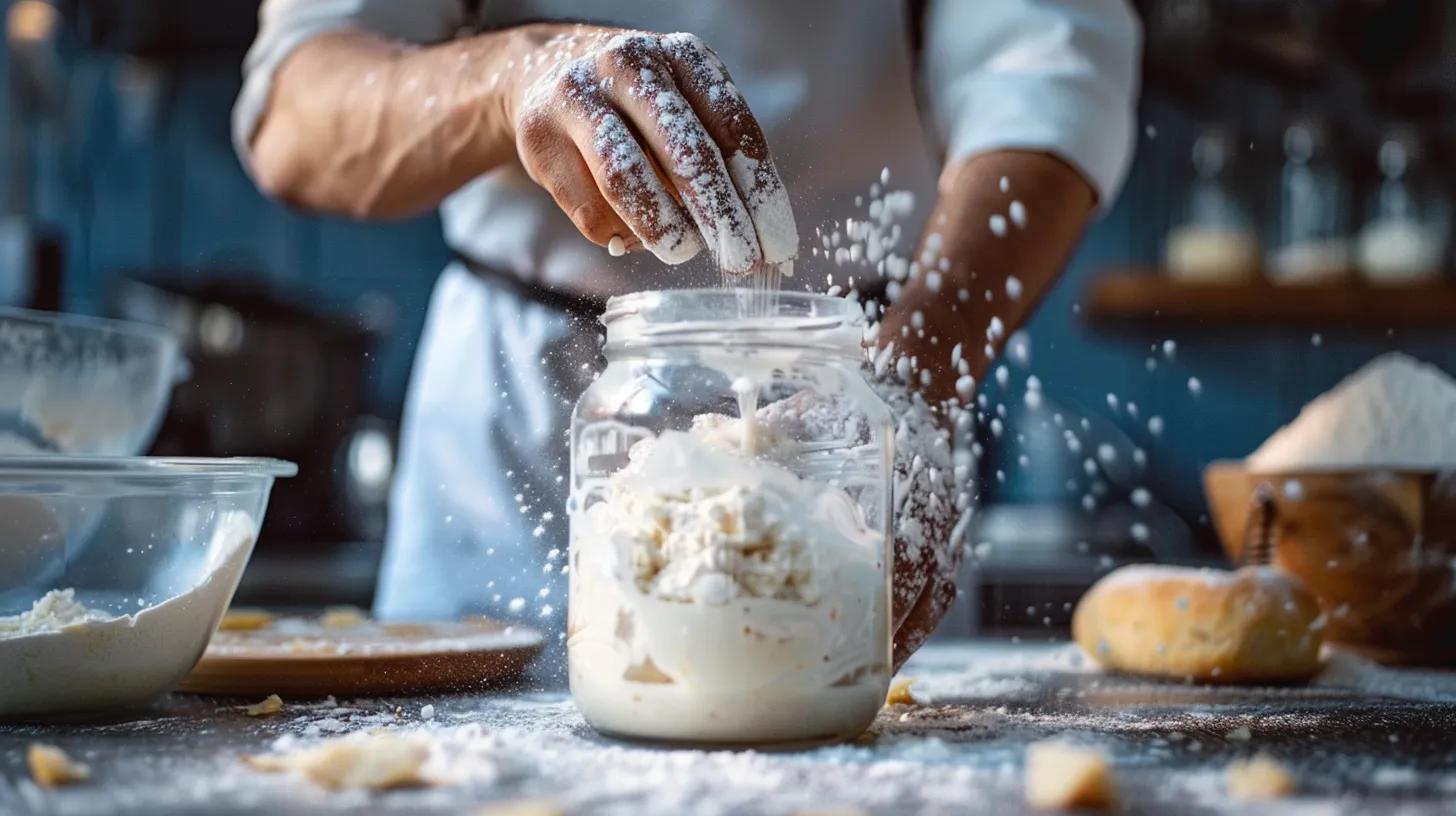 Baker feeding sourdough starter with flour and water in a bright kitchen