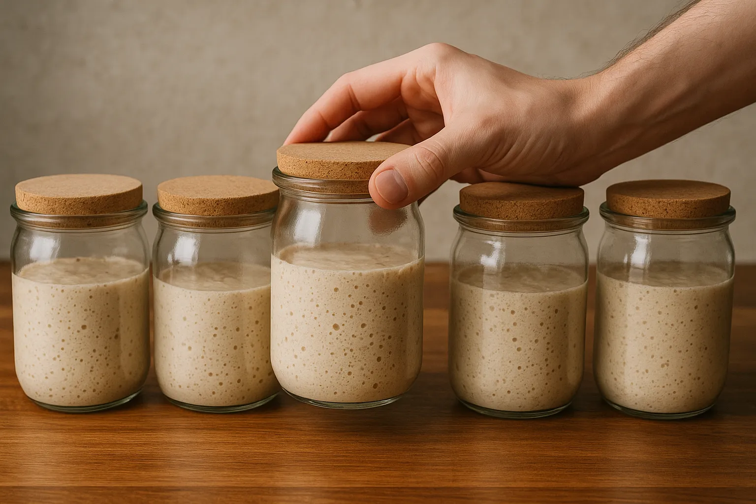 A hand choosing one jar of sourdough starter from a row of several options on a wooden counter