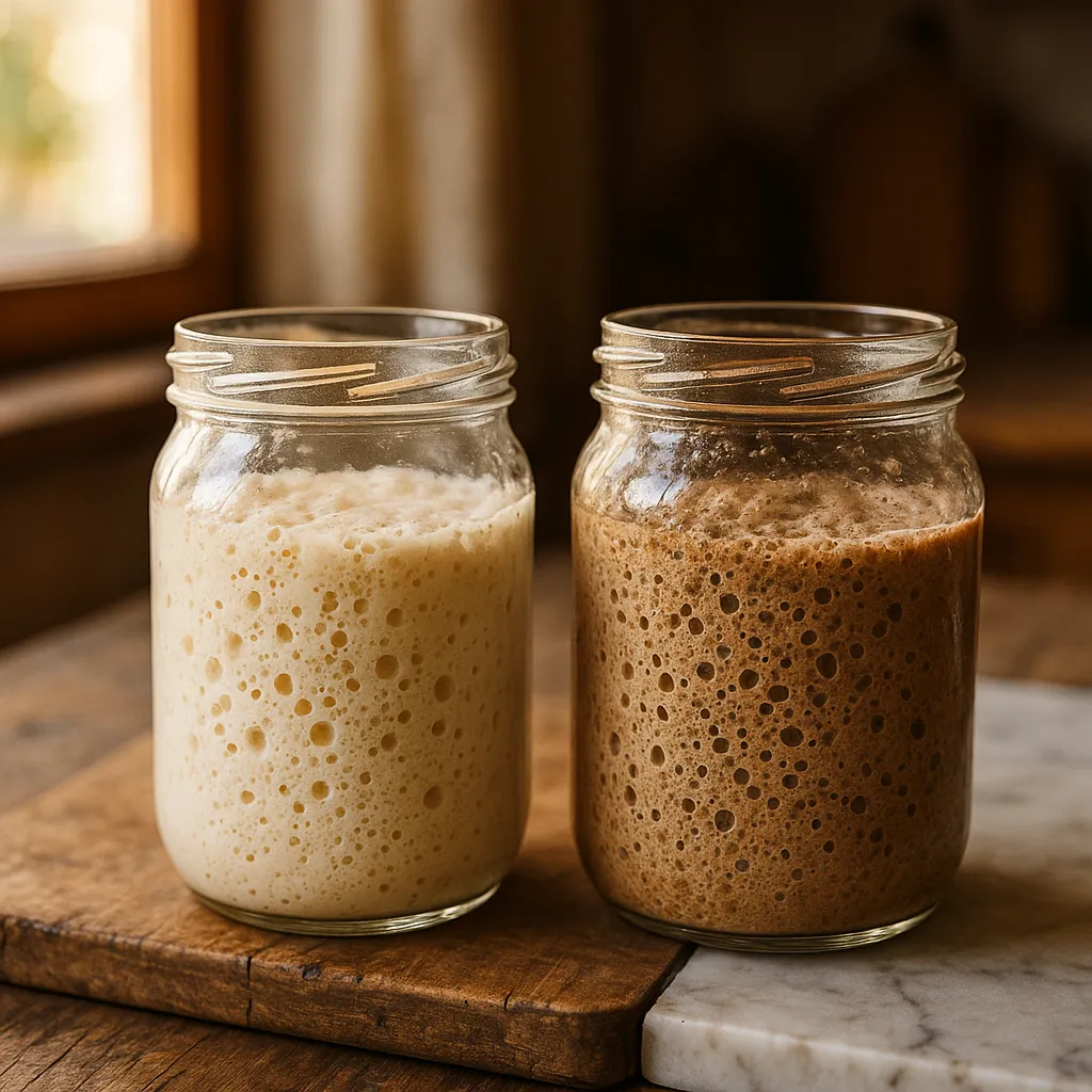 Two active bubbly sourdough starters side by side in glass jars, one lighter and one darker