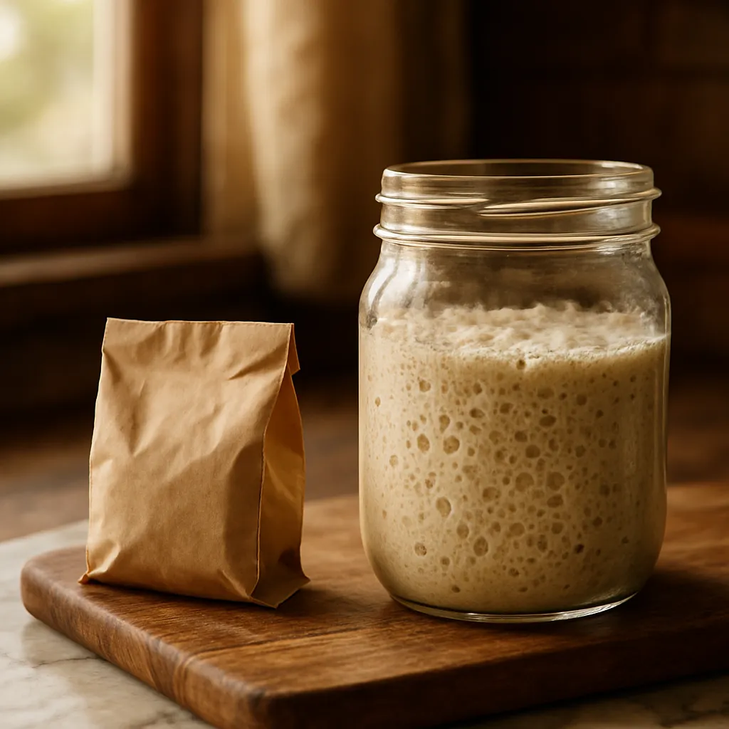 A packet of dry yeast beside a bubbling sourdough starter jar
