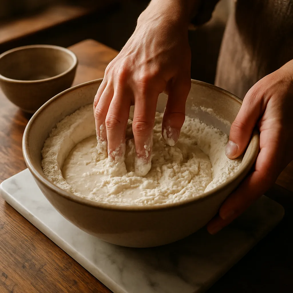 Hands mixing flour and water in a bowl to begin a wild sourdough starter