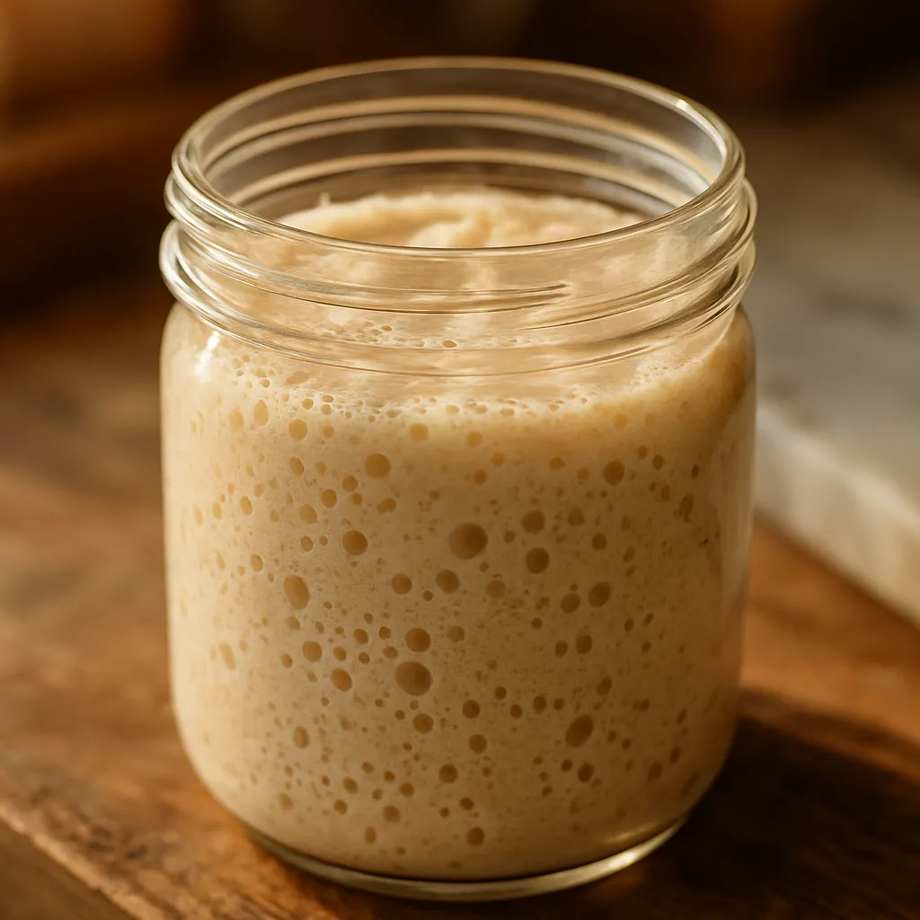 A jar of sourdough starter showing new bubbles forming after a feeding, macro