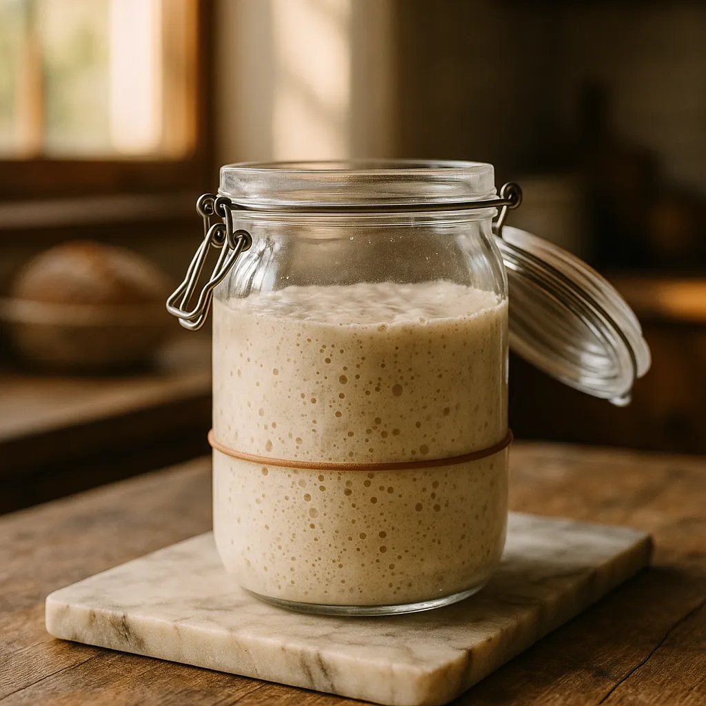 A revived sourdough starter doubled in a jar with a rubber band marker