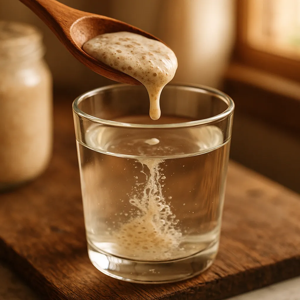 A spoon dropping a bit of sourdough starter into a glass of water, macro