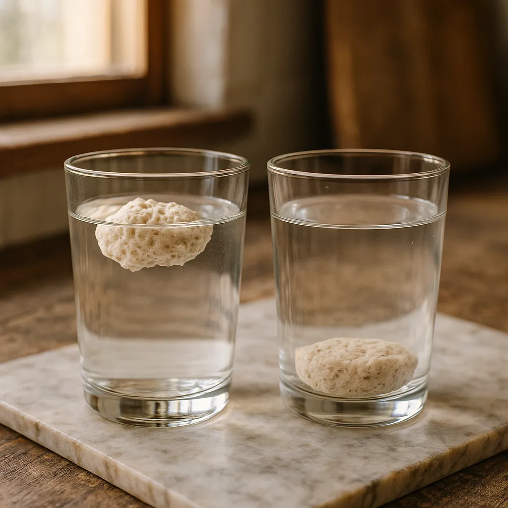 Two water glasses side by side, one with floating starter and one with sunk starter