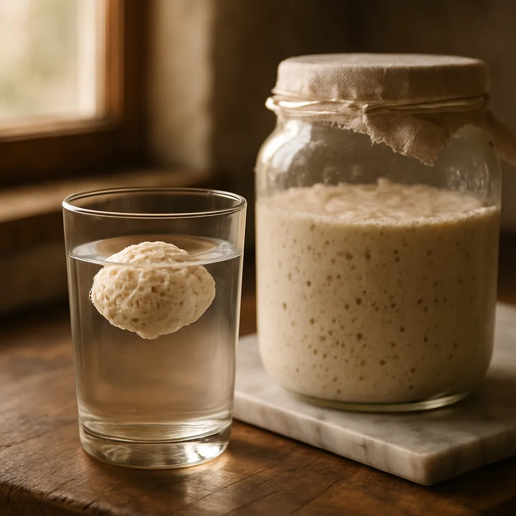 A floating dollop of levain in a glass of water beside a starter jar