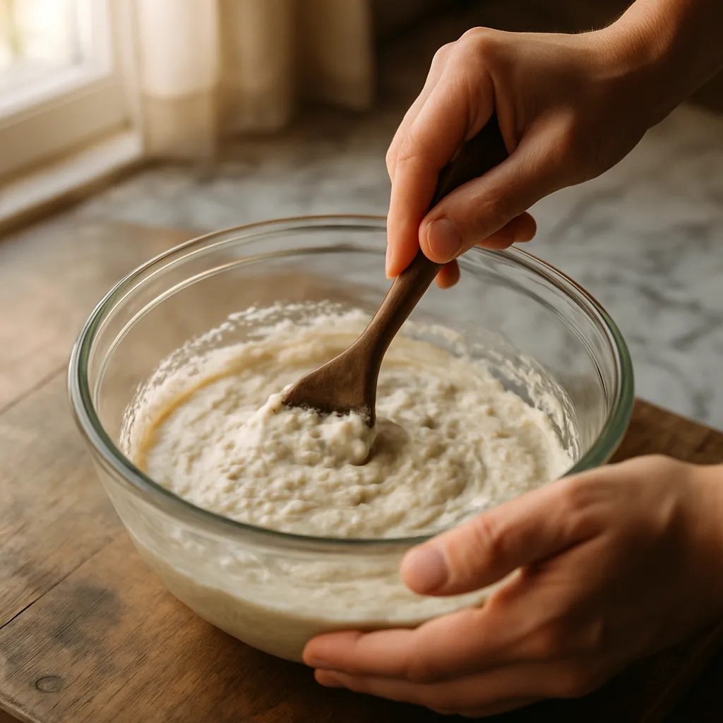 Hands mixing a levain in a clear glass bowl