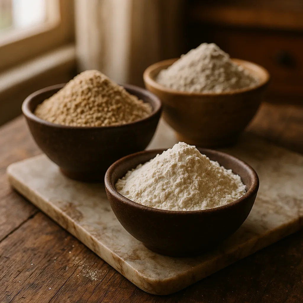 An assortment of flours, whole wheat, rye, and white, in small bowls
