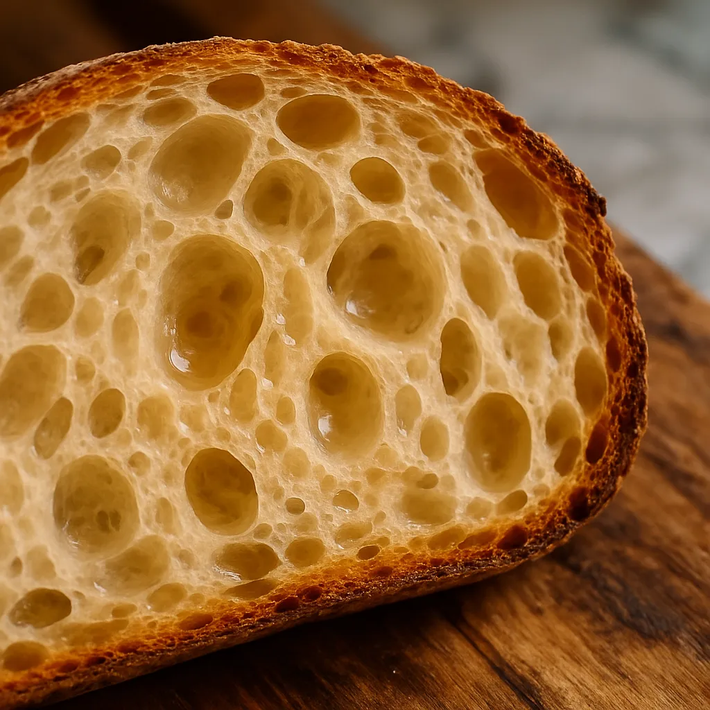 A close macro of a tangy sourdough crumb with glistening open holes