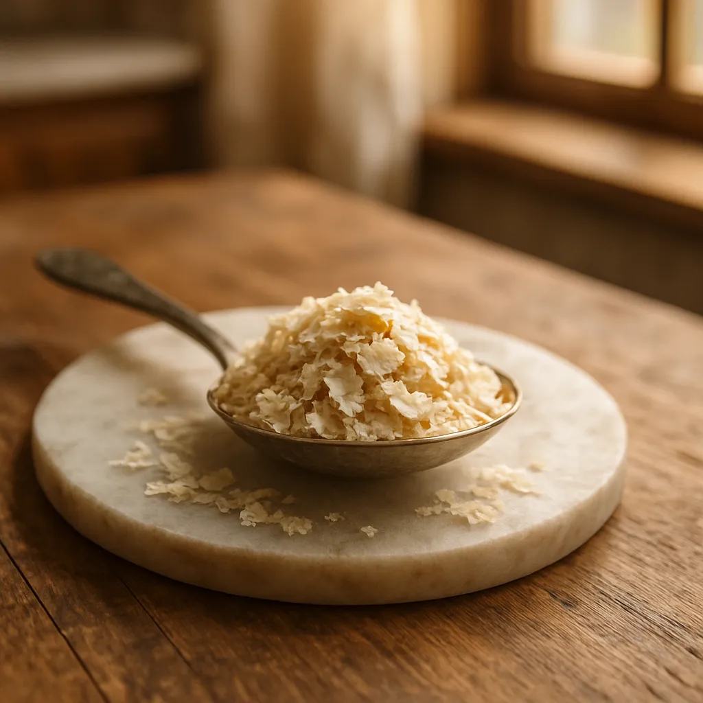 Dried sourdough starter flakes resting on a spoon