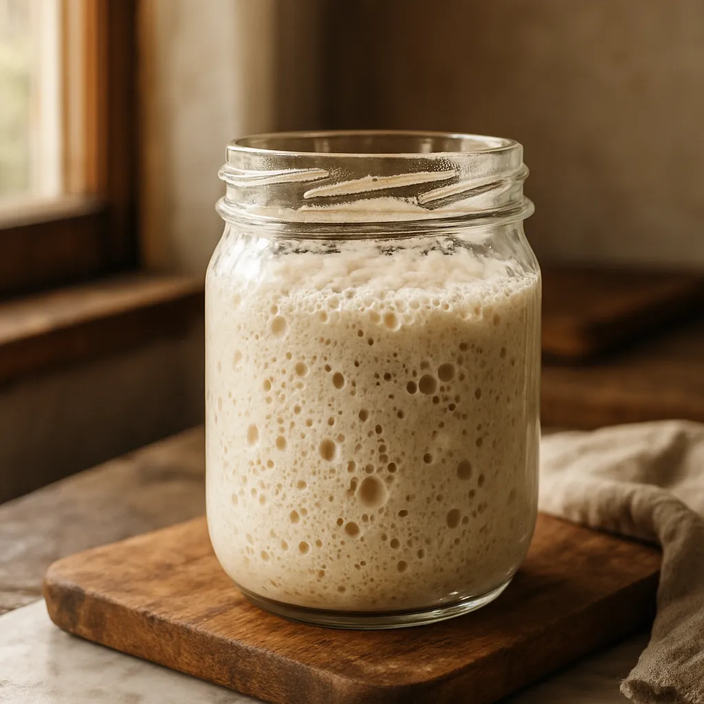 A revived sourdough starter bubbling back to life in a jar after several feedings