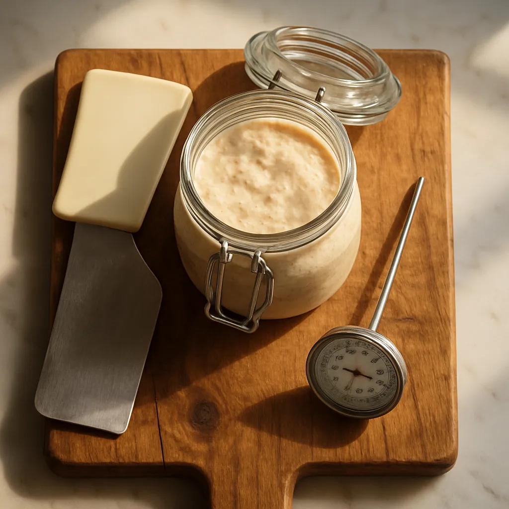 An overhead arrangement of a starter jar, a dough scraper, and a kitchen thermometer on a wooden board