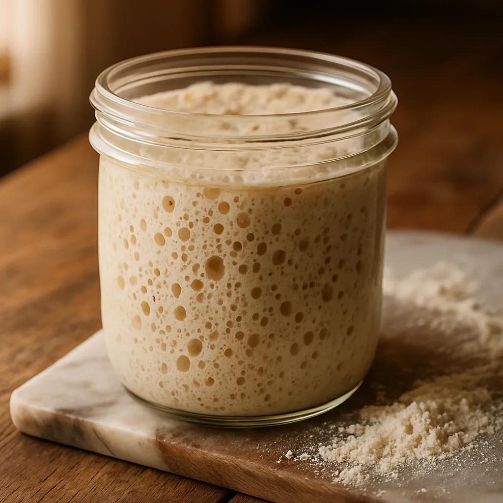 A close-up of an active bubbly sourdough starter beside a scattering of flour