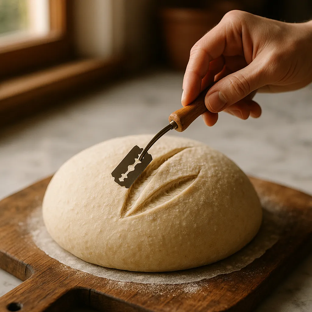 A bread lame scoring a taut proofed sourdough dough with a curved ear pattern