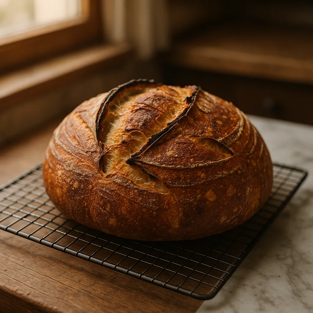 A finished crusty artisan sourdough loaf cooling on a wire rack with a deep golden crust