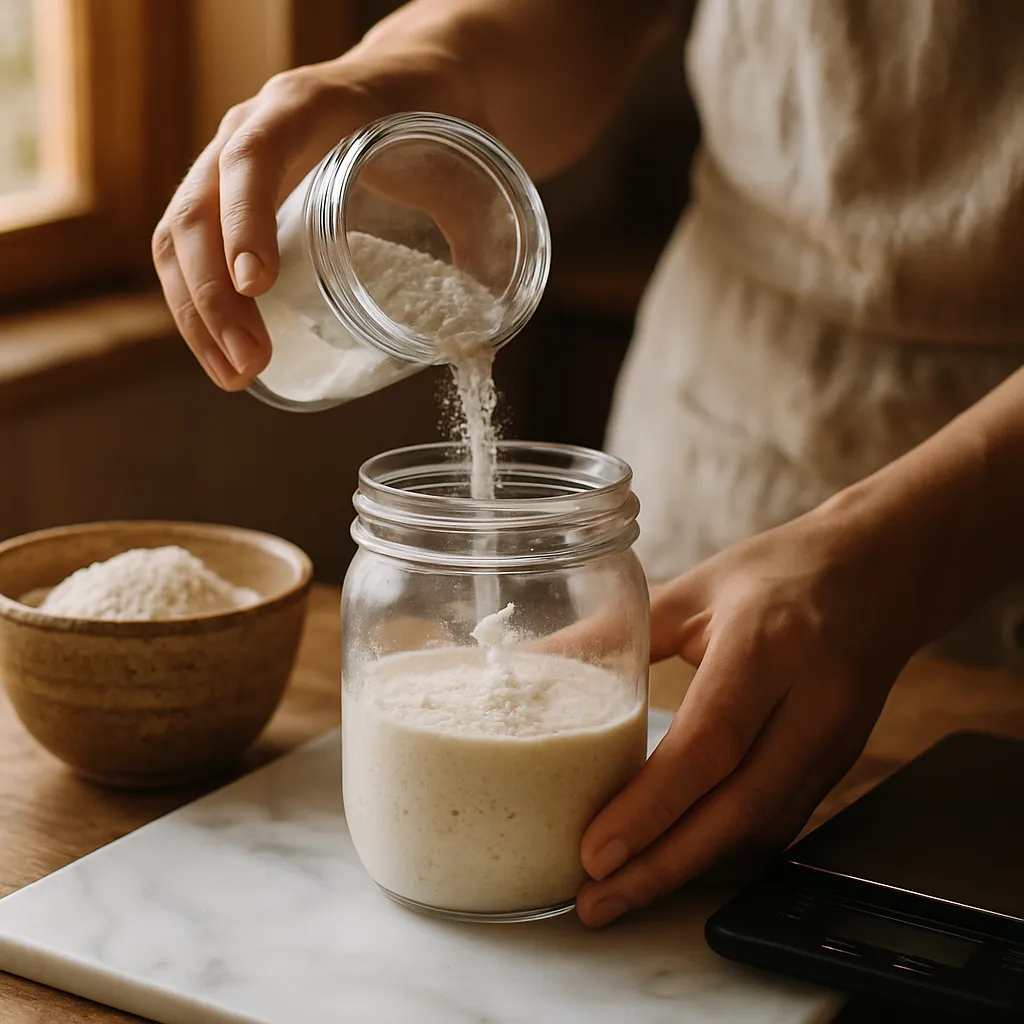 Hands feeding a sourdough starter, pouring flour with a digital scale nearby