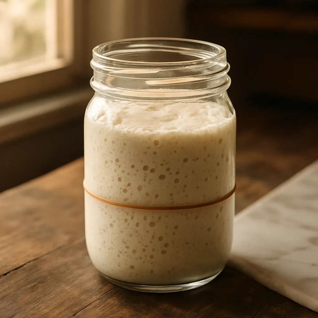 A jar of sourdough starter with a rubber band marking how much it has risen