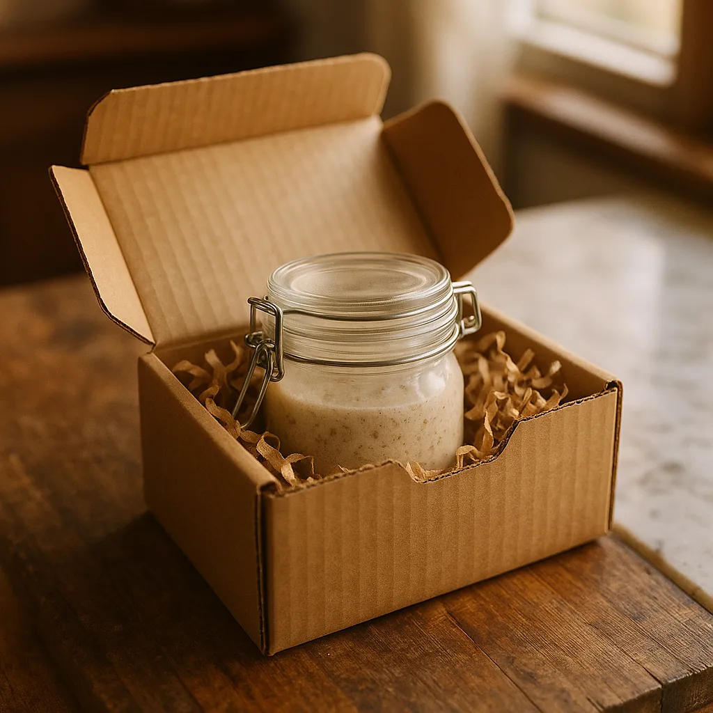 A small kraft shipping box with a sourdough starter jar nestled in protective packaging