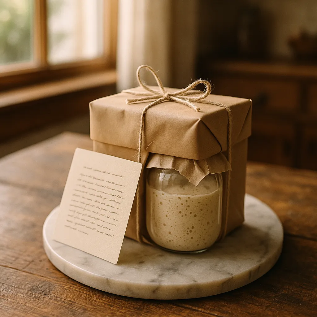 A gift-wrapped sourdough starter kit with a handwritten care card
