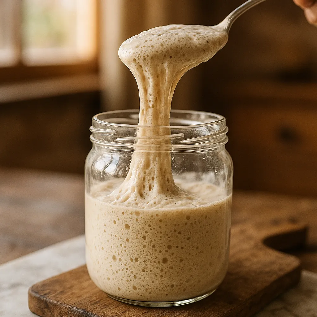 A spoon lifting stretchy, bubbly sourdough starter out of a jar