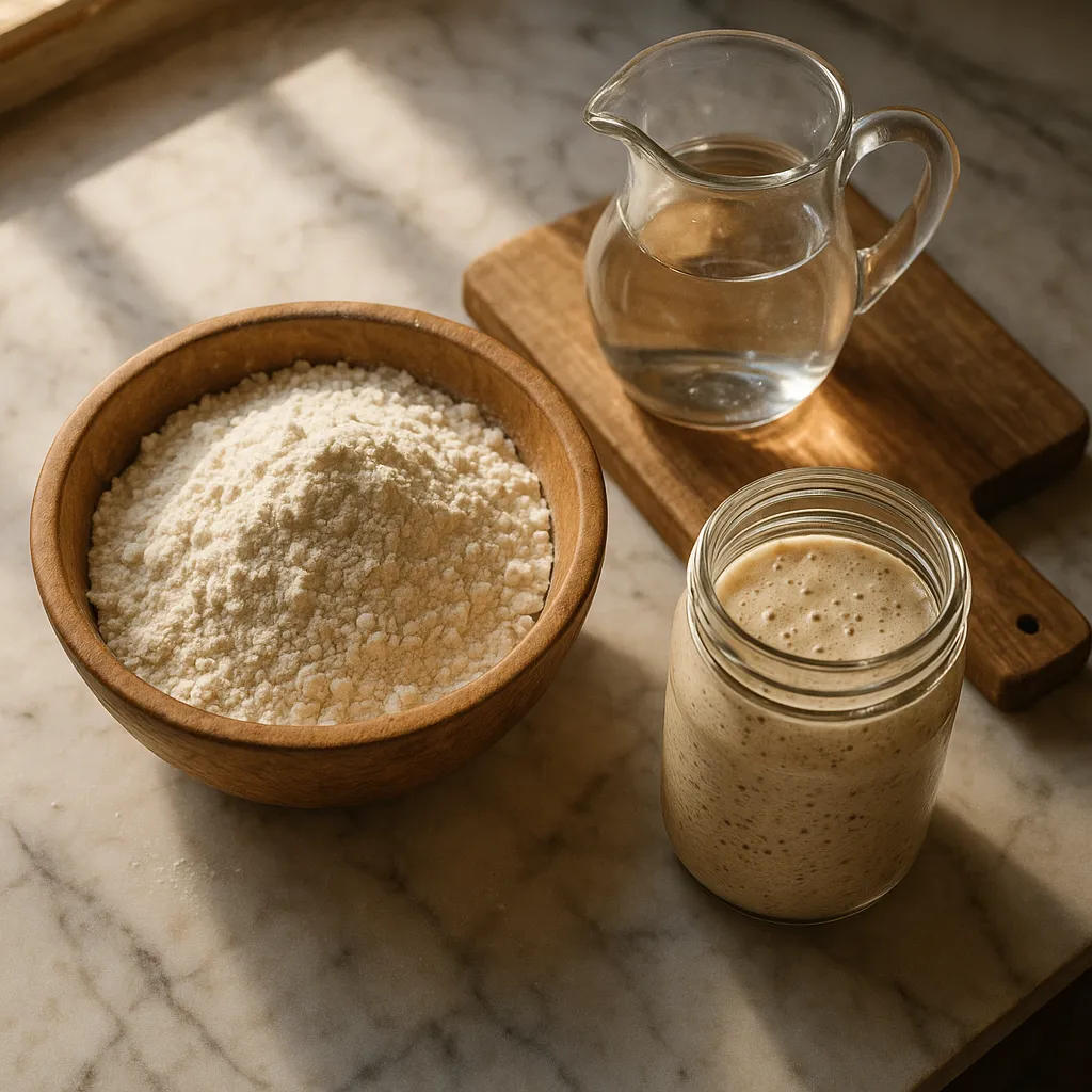 An overhead of flour, a small pitcher of water, and a starter jar on a marble counter