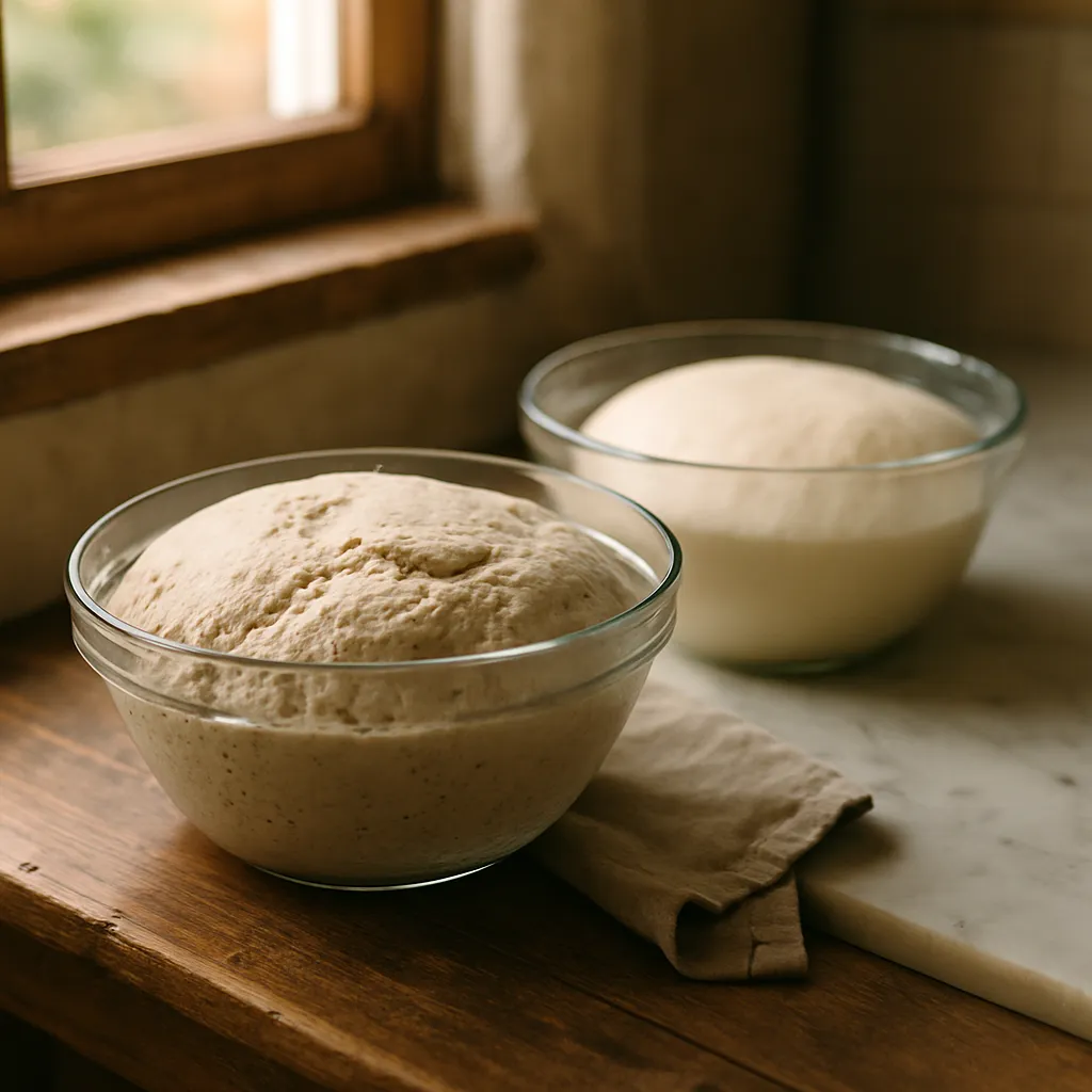 A risen sourdough dough and a yeasted dough in glass bowls, compared