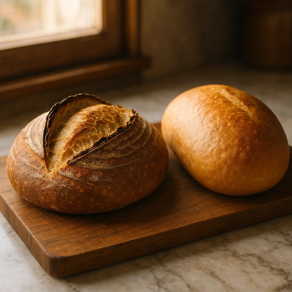 Two baked loaves compared on a wooden board, a sourdough and a yeast bread