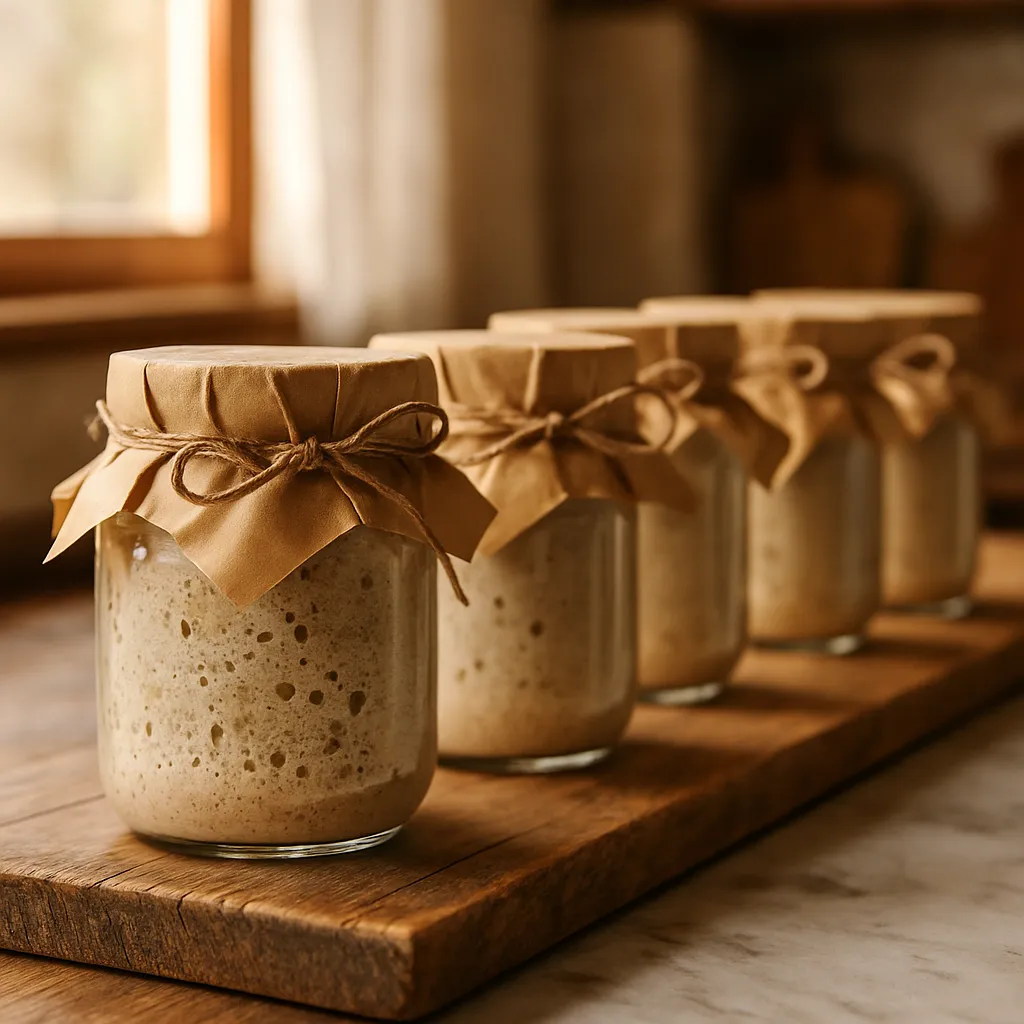 Several gift-boxed sourdough starter jars arranged in a row for a corporate team gift send