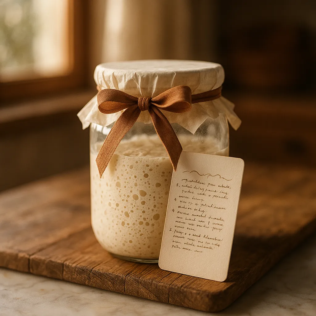 A sourdough starter jar with a handwritten care card and a ribbon, cozy premium gift styling