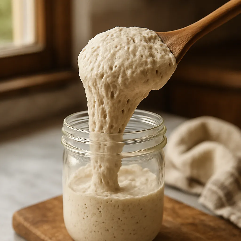 A thick low-hydration sourdough starter clinging to a wooden spoon