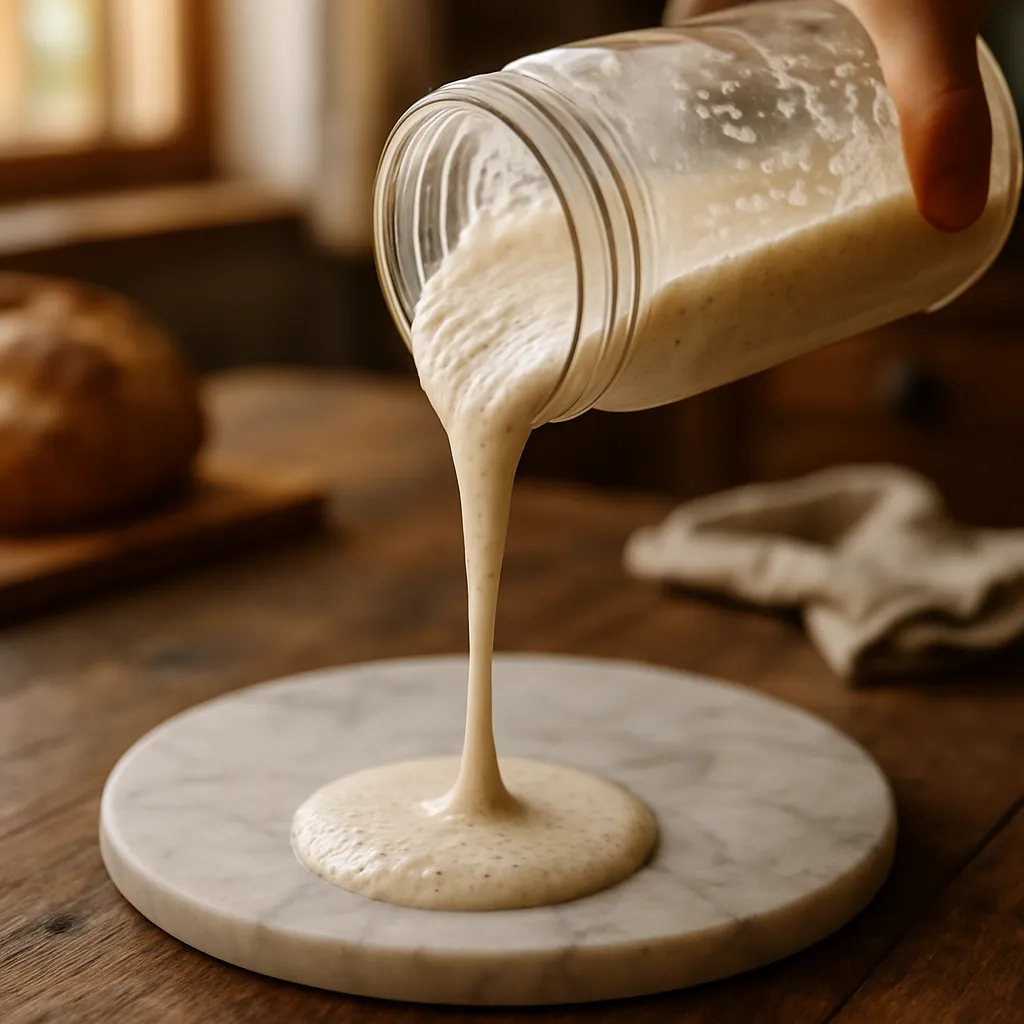 A thin high-hydration sourdough starter being poured from a jar