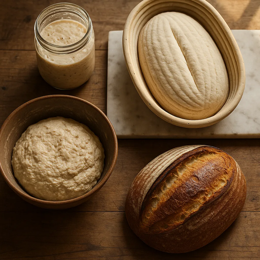 A flatlay of the full sourdough process: starter, mixed dough, shaped loaf, and baked bread