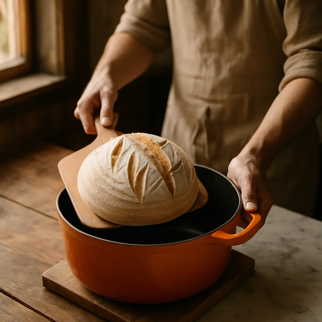 A baker sliding a scored sourdough loaf into a hot dutch oven