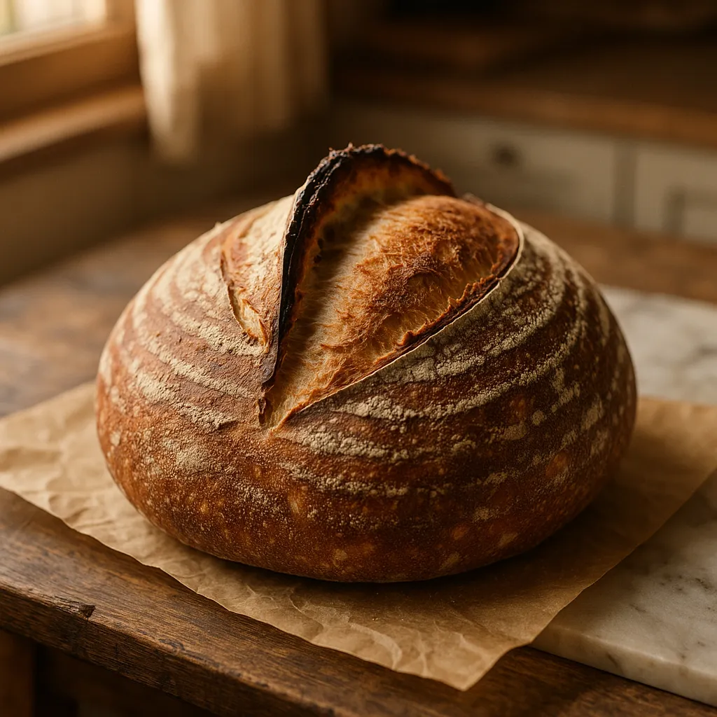A baked sourdough loaf with a beautifully bloomed ear from a single slash