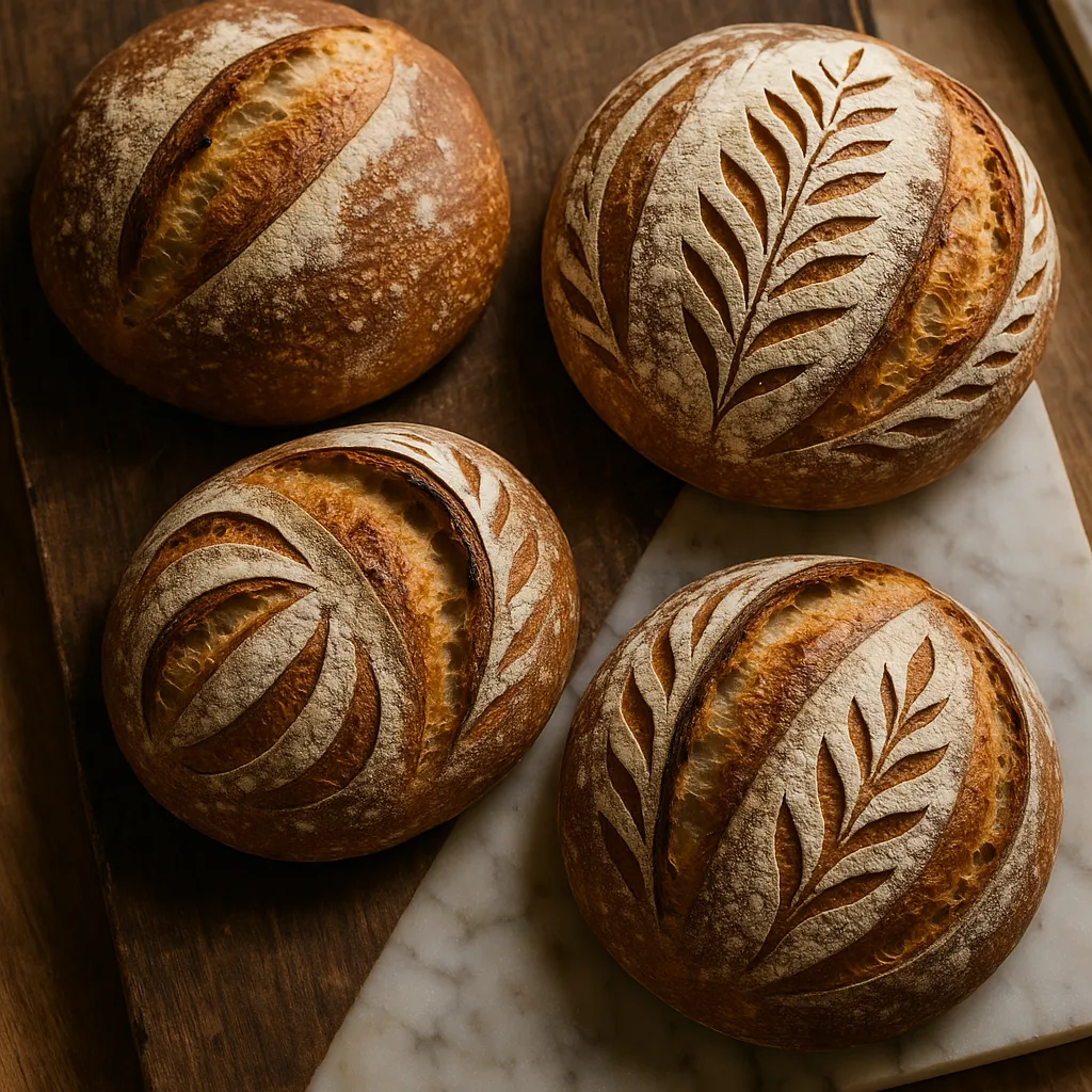 An overhead of several scored sourdough loaves showing different scoring patterns