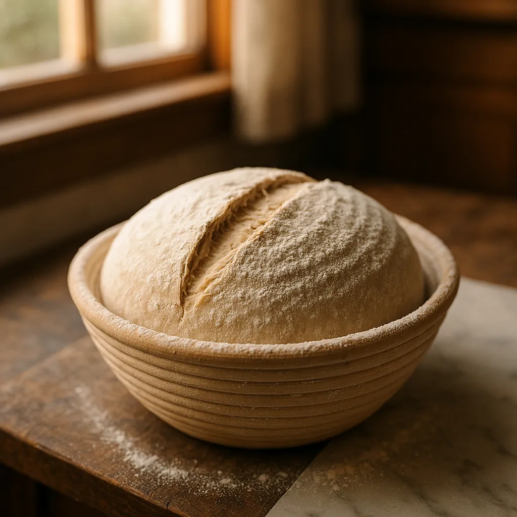 A shaped sourdough boule resting seam-side up in a floured banneton