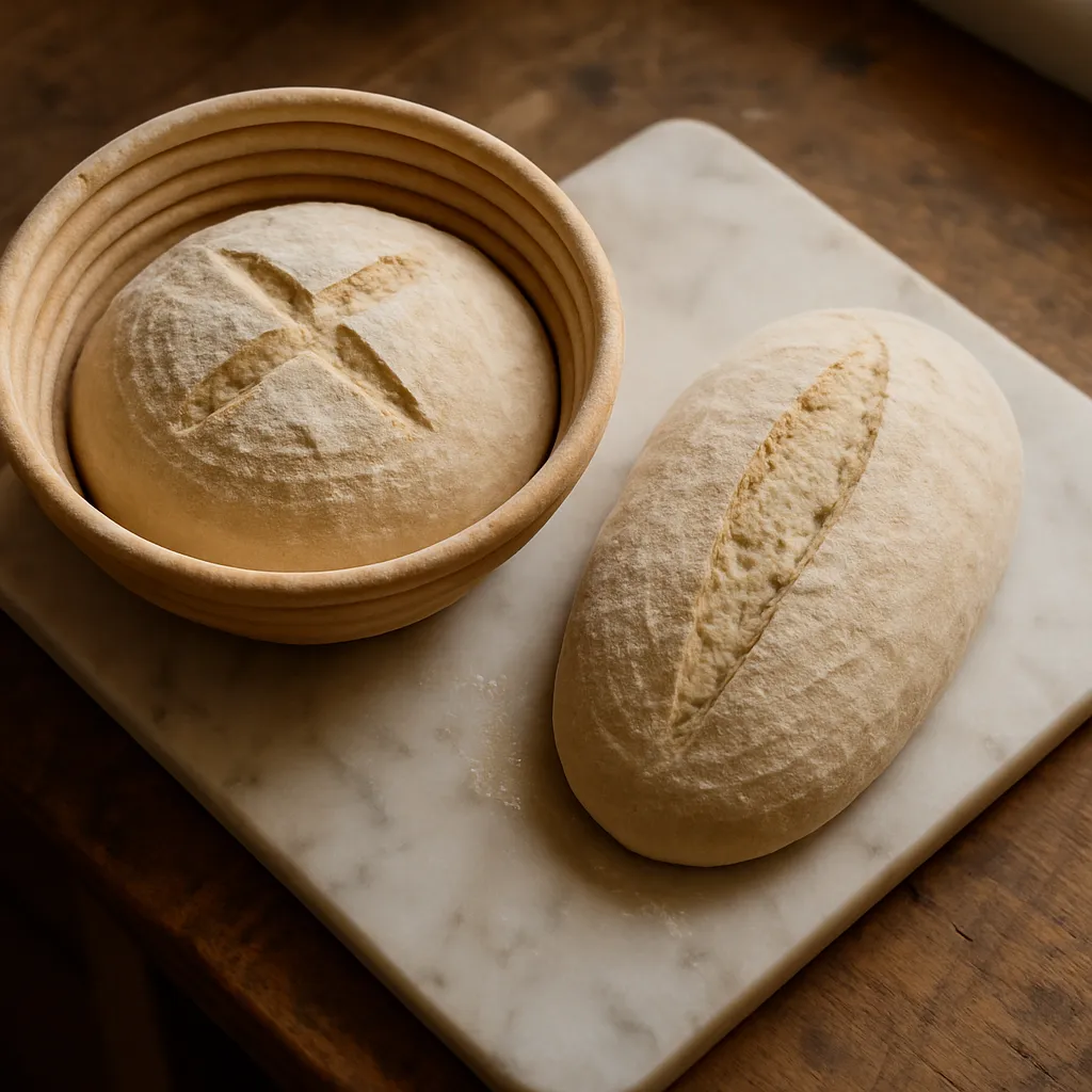 An overhead of two shaped sourdough loaves, a boule and a batard, ready to proof