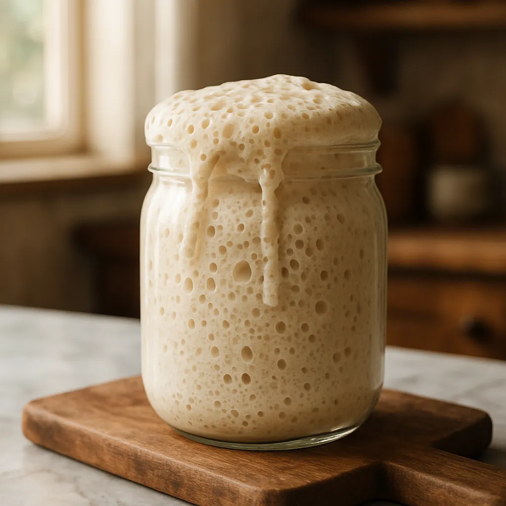 A glass jar of sourdough starter overflowing with bubbles at peak activity