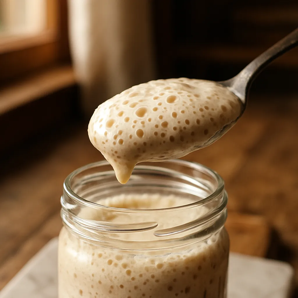 A spoonful of lively active sourdough starter with visible fermentation bubbles