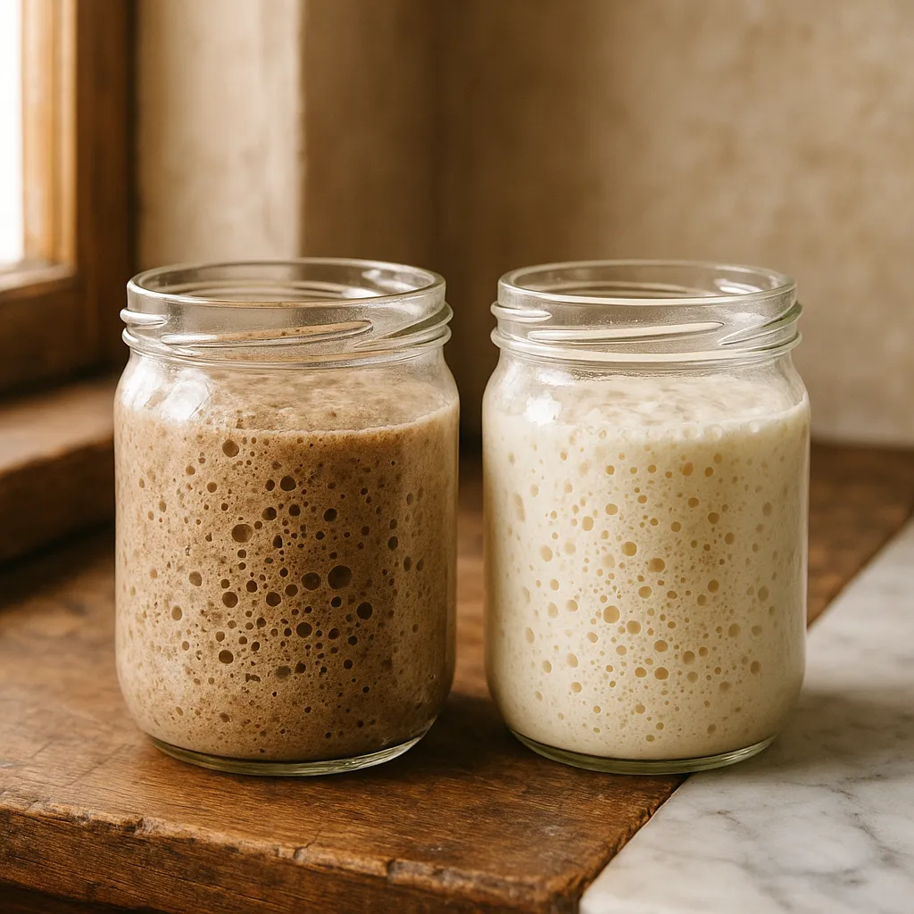 A rye starter and a white flour starter side by side, both bubbling