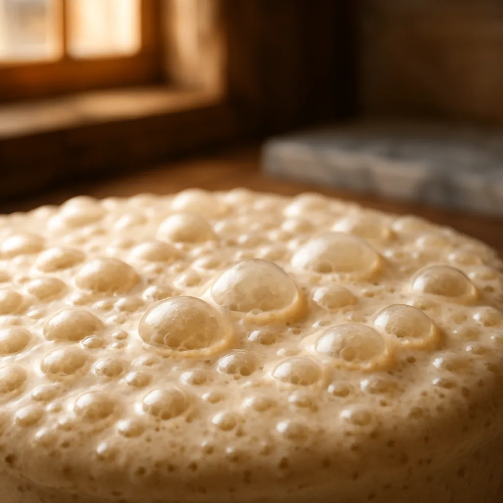 An extreme macro of active wild yeast bubbles across the surface of a starter